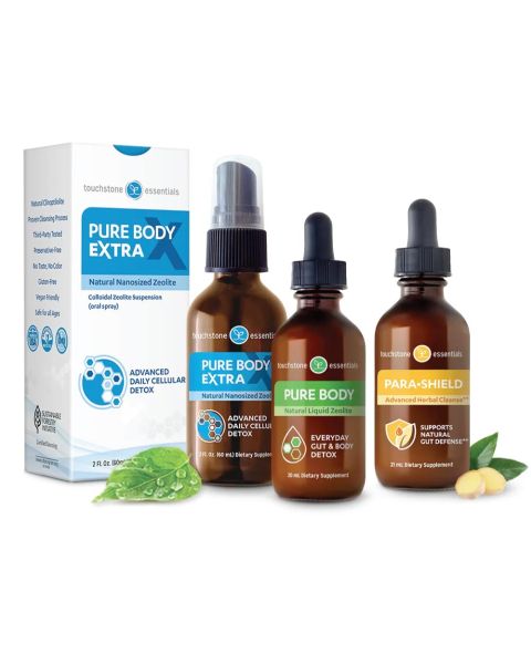 Zeolite Gut Detox containing pure body extra, pure body and para-shield bottles by Touchstone Essentials